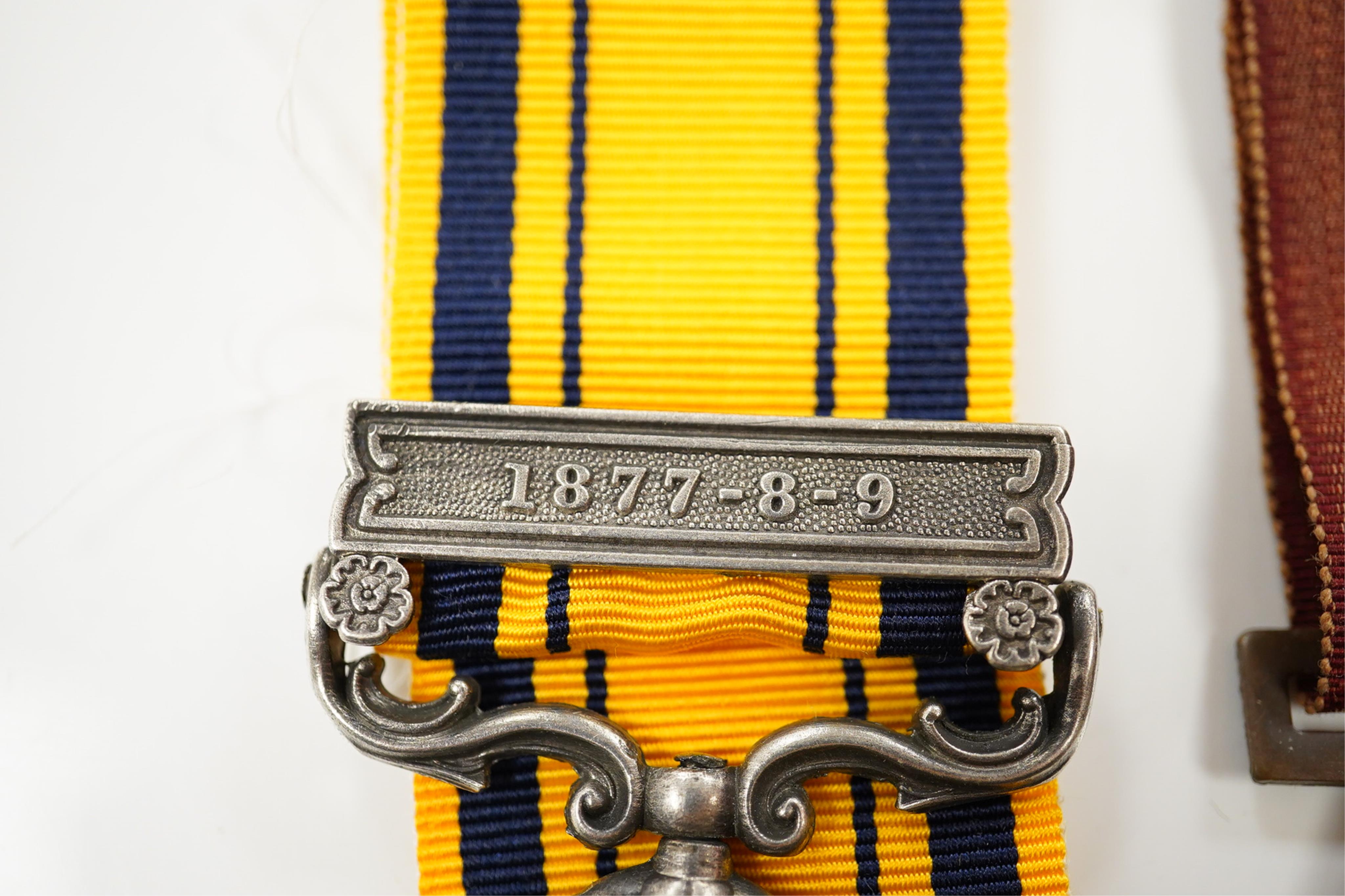 Five replica medals; Khedive's Star 1882, another undated with clasp and a third, 1884 lacking bar, Canada General Service with Fentan Raid 1866 clasp and South Africa medal with 1877-8-9 clasp and a spare 1877 clasp.